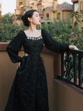 Kukombo Summer Rose Jacquard Rhinestone Square Neck Fashion Dress Black High Waist Hollow Sexy High Quality Dresses For Party Vestidos