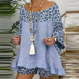 Summer Vintage Leopard Patchwork Outfits Set Cotton Linen Shirt Tops And Loose Shorts Suit Casual 3/4 Sleeve Women Two Piece Set-0406