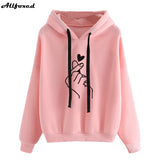 Christmas Gift Women Heart Finger Print Hoodies Winter Casual Warm Fleece Solid Drawstring Hooded Sweatshirts Loose Long Sleeve Pullover Tops