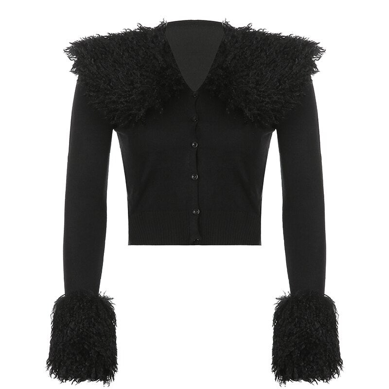 Christmas Gift Fashion Chic Faux Fur Trim Knitted Basic Jacket Coat Patchwork Slim Thin Autumn Jacket for Women Buttons Up Clothing