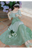Kukombo Mori Girl Green Gentle Fairy Summer Chiffon Dresses Puff Sleeve Square Neck Elegant French Retro Floral Dress Vestidos De Fiesta