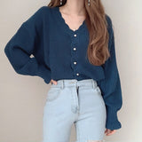 Kukombo Women Sweater V-Neck Pink Cardigan Puff Sleeve Hollow Out Knitted Solid Clothes Fall Fashion New Korean Style Top
