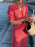 Kukombo Summer Dress Soft V-neck Floral Print Ladies Midi Dress Short Sleeve Lace-up Slim Waist Female Dress Women Vestidos
