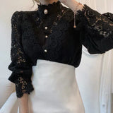 Christmas Gift Petal Sleeve Stand Collar Hollow Out Flower Lace Patchwork Shirt Femme Blusas Chic All-match Women Lace Blouse Button White Top