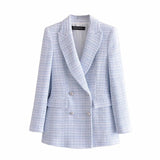 Kukombo Tweed Knitted Double Breasted Femme Plaid Winter Blazer Coat Vintage Office Ladies Blazer Jacket Blue Casual Windbreaker