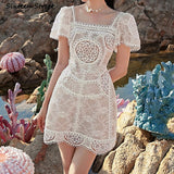 Kukombo 2022 Vintage White Lace Dress Women High Waist Short Sleeve Mini Party Dresses Women Clothing Elegant Hollow Out Boho Vestido