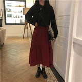 Plus Size Autumn Winter Corduroy Skirt Women Vintage Wine red Midi Long Skirts Female Elastic High Waist A-line Pleated Skirt