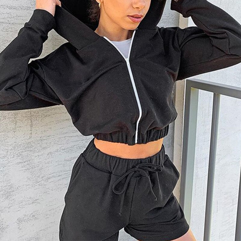 Kukombo Spring Summer Tracksuit Women 2 Pieces Set Hooded Long Sleeve Hoodies And Shorts Female Casual Suit 2021 New Sportwear Outfits