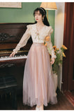 Kukombo 2 Piece Set Women Outfits Sweet Elegant Skirt Suit Flare Sleeve Cute Doll Collar Lace Shirt Top And Fairy High Waist Mesh Skirt K151