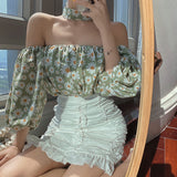 Kukombo  JuneLove Fashion Women Blouse Lady Loose Off Shoulder Floral Printed Tops Casual Short Sleeve Shirt Blouse Summer Set Wear Suits
