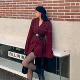Kukombo Christmas Gift Blazers Women Spring Clothes Retro Burgundy Elegant Fashion Classy College All-match Vintage Loose Simple Design Corduroy