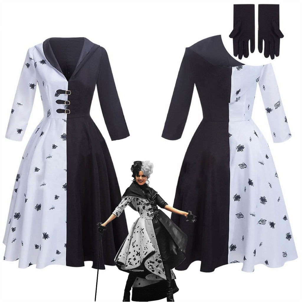 Halloween Kukombo 2022 New Movie Evil Madame Cruella De Vil Costume Women Cosplay Gown Black White Maid Dress Halloween Party Fancy Dress Wig