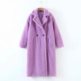 Kukombo Autumn Winter Women Fashion Chic Purple Teddy Coat Female Buttons Pockets Lapel Collar Warm Outerwear Girls Casual Streetwear