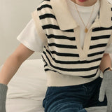 Christmas Gift 2022 New Spring Autumn Women Sweaters Pullovers Striped Sleeveless Knitted POLO Collar Wild Short Vests SWV3092JX