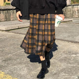 Kukombo Vintage Wool Pleated Plaid Skirt Women High Waist Plus Size Long Skirt 2021 Autumn Winter Harajuku Female Party Skirt Streetwear