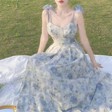 Kukombo Elegant Long Flower Strap Dress Women Vintage Sweet Print Korean Slip Fairy Dress Casual Calssy Party Princess Dress Summer
