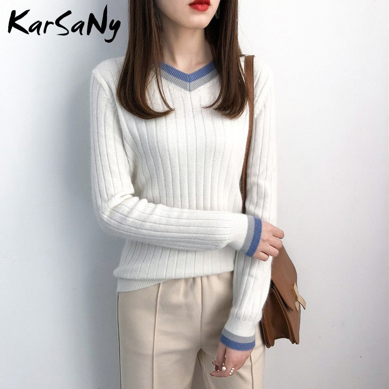 Christmas Gift Autumn V-neck Cashmere Sweater Women Vintage Jumper Blue Knitted Striped Sweaters For Women White Sweater Pullover Winter Warm