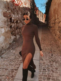 Kukombo Elegant Brown Sheath Rib Dress Women Fashion Side Open Half Turtleneck Long Dresses Female Chic Vestidos