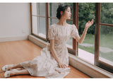 Kukombo Summer Short Sleeve Chiffon Fairy Dress Women 2022 Round Neck Elegant Beaded Backless Sexy Print Lace Puff Sleeve Sweet Vestido