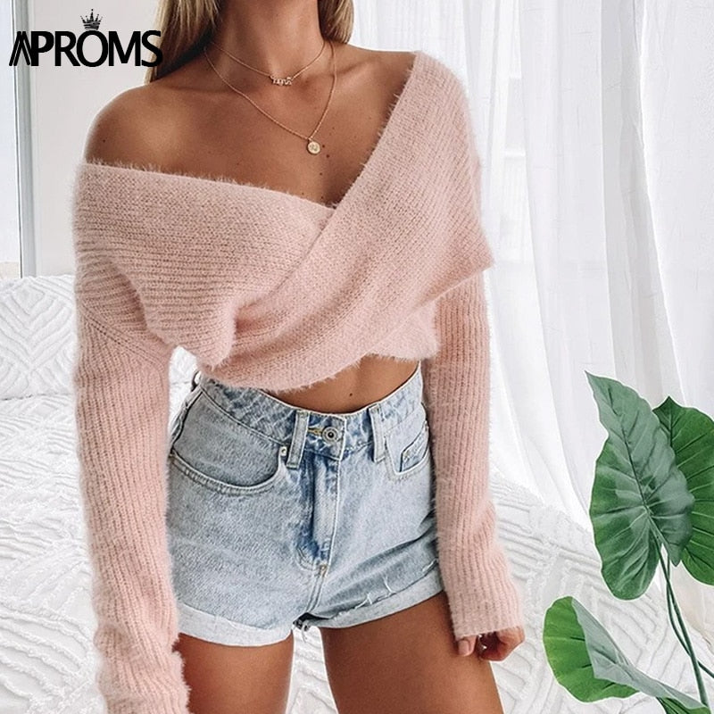 Christmas Gift Aproms Pink Fluffy Knitted Sweater Women Autumn Winter V-neck Wrap Front Basic Cropped Pullovers Fashion Outerwear Jumper 2021