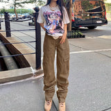 Kukombo Vintage Khaki Wide Leg Cargo Jeans High Waist Big Pockets Baggy Denim Trousers Casual Oversized Pants Street Sweatpants