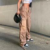 Kukombo Light Brown Big Pockets Casual Cargo Pants Women Low Waist Wide Leg Baggy Denim Trousers Vintage Oversized Jeans Street