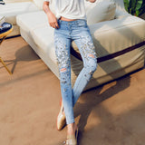 Kukombo  Heavy industry Fashion Women's Handmade Beaded Jeans Lady Rhinestones Diamond Denim Jeans Hole Skinny High Stretch Pencil Pants