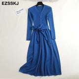 Christmas Gift 2021autumn winter v-neck maxi sweater dress women OL female long sweater dress with belt elegant a-line solid slim dress
