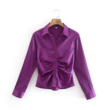 Kukombo Woman Summer Blouse Fashion Folds Long Sleeve Single-Breasted Office Shirt Tops Female Casual Vintage Streetwear