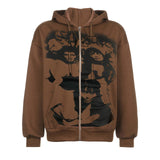 Thanksgiving Gift Dourbesty Women's Sweatshirts Portrait Print Long Hoodies With Zipper Pockets For Spring Fall Coat  Y2K E-Girl Gothic Streetwear
