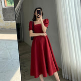 Kukombo Women Summer A-Line Maxi Dresses Korean Fashion Short Sleeve Casual Robe Square Collar Beach Midi Vestido