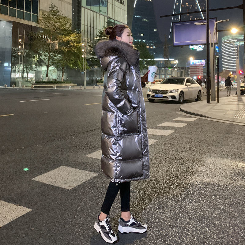 Christmas Gift 2021 New Winter Fashion Big Fur Collar Bright Face Down Padded Jacket Women Mid-length Over-the-knee Thick Coat Winter Jackets