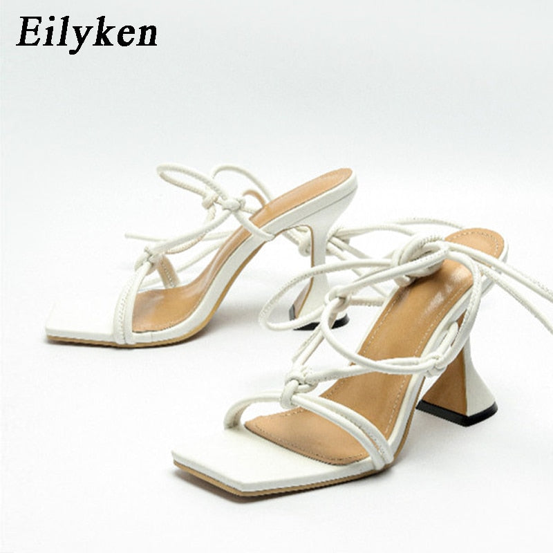 Christmas Gift Eilyken 2021 Summer Narrow Band Ankle Strap Women's High Heels Strappy Sandals Square Head Female Strange Style Women Shoes