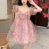 Kukombo  Floral Sweet Princess Dress Women Vintage Puff Sleeve Sexy V-Neck Mini Dress Female Evening Party Korean Fairy Dresses 2022 Y2k