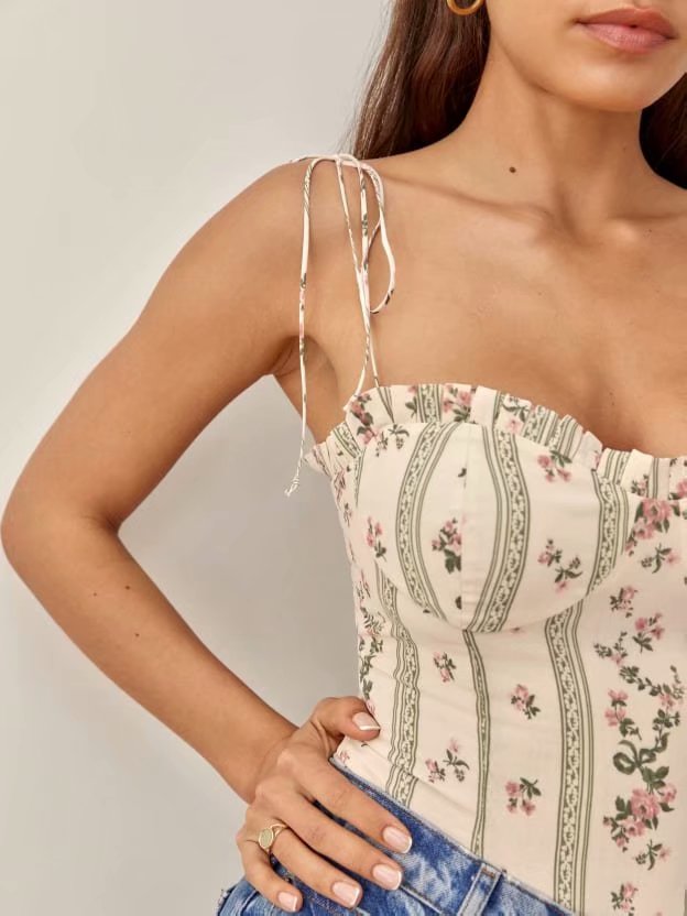 Kukombo 2022 French Summer Striped Flower Print Bandage Spaghetti Strap  Retro Sexy Women Lacing Up Sling Top  Vestido