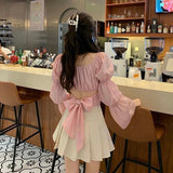 Kukombo Back Puff Sleeve Shirts Women Autumn French Bow Bandage Blouses 2022 New Black Pink Square Neck Cropped Tops Female