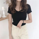 Kukombo Hirsionsan Knitted V Neck T Shirt Women New Korean Sexy T Shirt Vintage Skinny Female Tees 12 Colors Soft Solid Short Tops