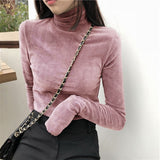 Kukombo Women's Soft Fleece Turtleneck Shirt Solid Long Sleeve Velvet T-Shirt Autumn Fitness Vintage Girls Bottom Tops Women Clothing
