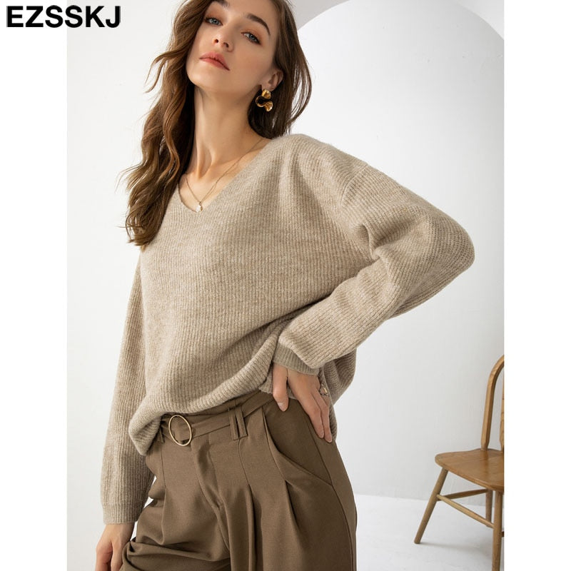 Christmas Gift Basic Thick Loose v-neck oversize Sweater Pullover Women Autumn winter Casual long Sleeve Sweater For women Chic Jumpers top