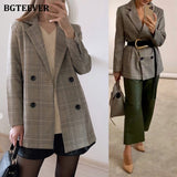 Christmas Gift Office Ladies Notched Collar Plaid Women Blazer Double Breasted Autumn Jacket 2021 Casual Pockets Female Suits Coat