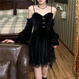 Graduation Gift Big Sale Gothic Black Velvet Dress Evening Party Long Sleeve Y2k Mini Dress Women Vintage Elegant One Piece Dress Korean 2023 Autumn