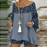 Summer Vintage Leopard Patchwork Outfits Set Cotton Linen Shirt Tops And Loose Shorts Suit Casual 3/4 Sleeve Women Two Piece Set-0406