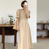 Kukombo New 2022 Women Summer Dresses Lace Up Vintage Puff Sleeve High Waist Elegant Korean Style Pure Lady Long Dress DR1338
