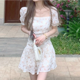 Kukombo Summer Elegant Kawaii Floral Dress Women Print Korean Sweet Cute Party Mini Dress Puff Sleeve Pretty Fairy Summer Sundress 2022