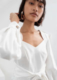 Kukombo Women Solid White Shirt Belt New Square Collar Long Puff Sleeve Temperament Casual Style Chic Fashion Autumn