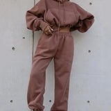 Women's Tracksuit Casual Solid Long Sleeve Hooded Sport Suits Autumn Warm Hoodie Sweatshirts and Long Pant Fleece Two Piece Sets