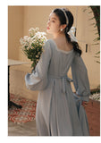 Kukombo Sweet Retro Kawaii Dresses For Women Autumn Bowknot Lace Square Neck Elegant Long Sleeve Palace Style Retro Dress Party Vestido