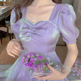 Kukombo Women Summer Puff Sleeve Purple Dress Vintage New Girl Fairy Princess Party Dress Casual Holiday Lady Beach Boho Dress