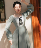 Kukombo Sweet Retro Kawaii Dresses For Women Autumn Bowknot Lace Square Neck Elegant Long Sleeve Palace Style Retro Dress Party Vestido