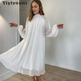 Christmas Gift Yiyiyouni Casual Sashes Dot Print Chiffon Dress Women Loose Waist Long Sleeve A Line Dress Women White Midi Vestidos Summer 2021